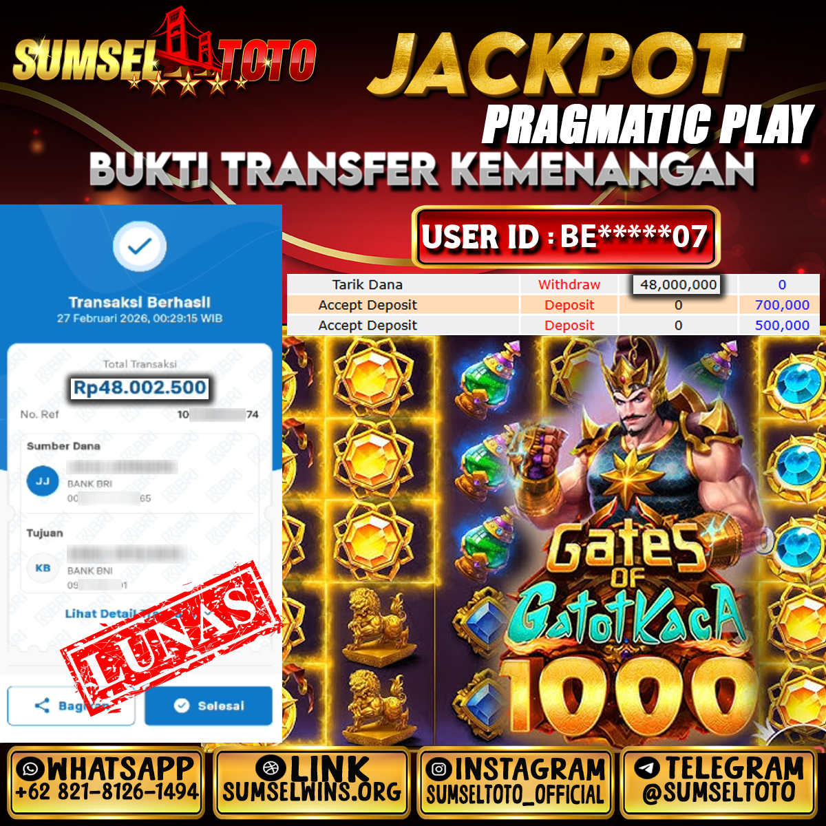 SUMSELTOTO JACKPOT GATES OF GATOTKACA 1000 Rp.48,000,000.,- LUNAS
